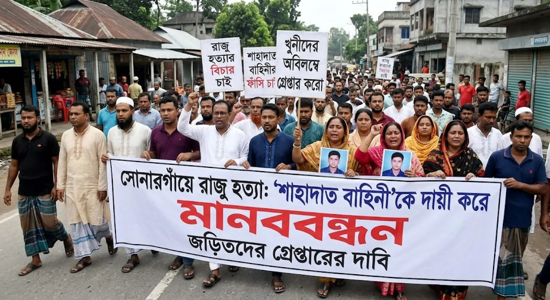 সোনারগাঁয়ে রাজু হত্যা,শাহাদাত বাহিনীকে দায়ী করে মানববন্ধন, জড়িতদের গ্রেপ্তারের দাবি